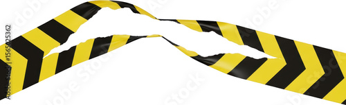 A detailed view of a broken yellow and black chevron striped warning tape fragment featuring torn edges