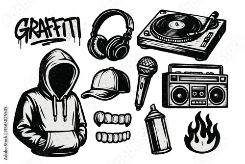 Urban street culture vector illustration: graffiti, music, and fashion elements in black and white