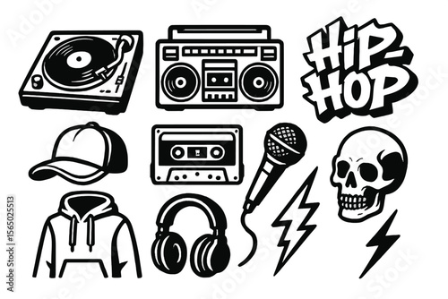 Retro hip-hop vector illustration with vintage music elements for design - boombox, turntable, microphone