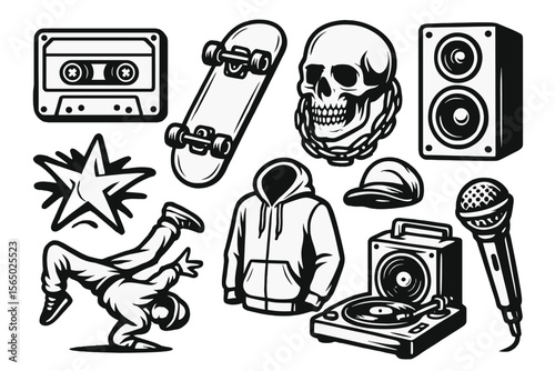Retro hip hop vector illustration with skateboard, breakdancer, and music elements for urban design