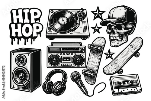 Hip hop culture vector illustration with graffiti, music, and skateboarding elements for poster design