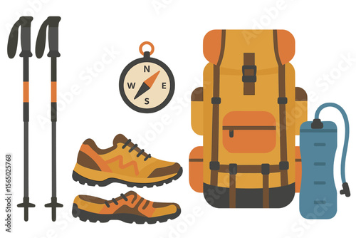 Outdoor adventure gear vector illustration with backpack, compass, and hiking shoes for camping design