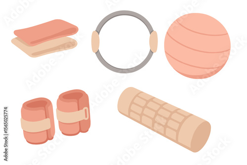Fitness equipment vector illustration: gym accessories for yoga and pilates in soft glow style
