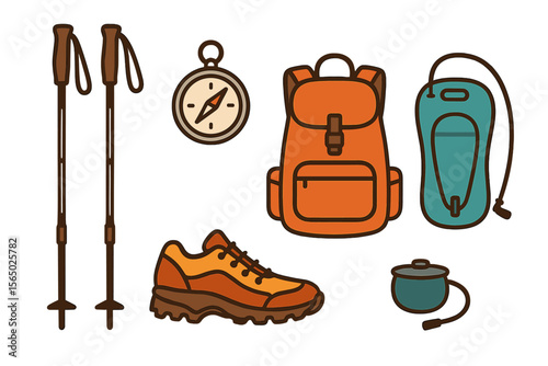 Hiking and camping gear vector illustration featuring backpack, compass, and equipment for outdoor adventures