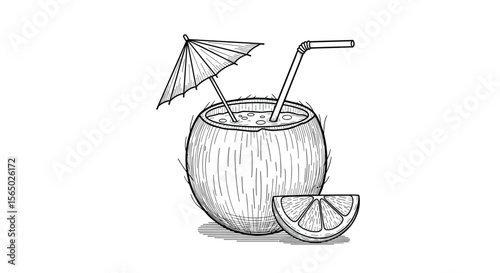 Fresh Tropical Coconut Drink with Umbrella and Lime Slice Enjoying Exotic Summer Beach Vacation