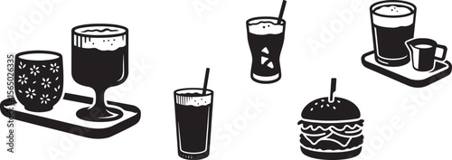 Cafe food and drink illustrations black and white, Restaurant elements vector set