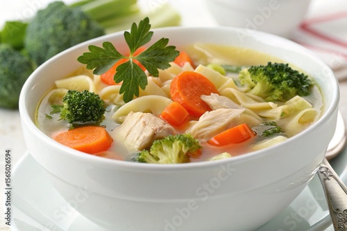 A steaming bowl of hearty chicken noodle soup with broccoli and carrots garnished with parsley isolated on white background