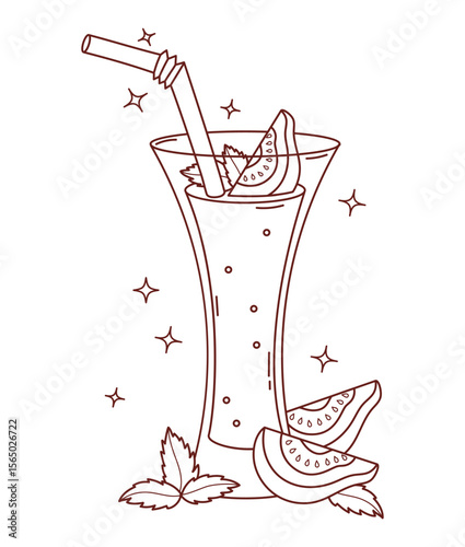 Outline Guava Drink with tropical Fruit slices and Mint leaves. Summer Refreshing Cocktail with glass and straw. Line drawing, coloring book. Vector illustration. Not ai
