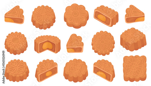 Collection of mooncakes of different shapes. Traditional Asian cakes for the Mid-Autumn Festival. Round, square and half mooncakes, sweet cakes with ornaments and yellow egg filling. 