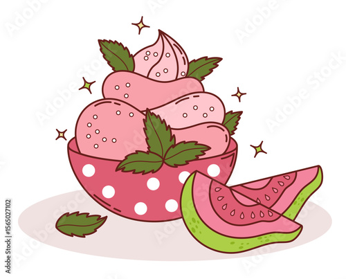 Guava Creamy sweet dessert ice cream in polka dot plate with Mint leaves and tropical Pink fruit slices. Vector Illustration. Exotic food, perfect for summer, menu design, packaging and healthy themes