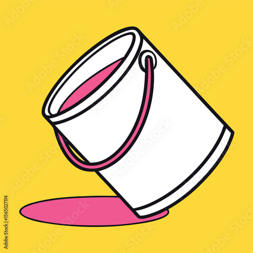 White bucket spilling pink liquid yellow background