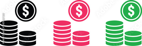 Three stacks of coins with dollar signs on top on a white background in a simple black and white style