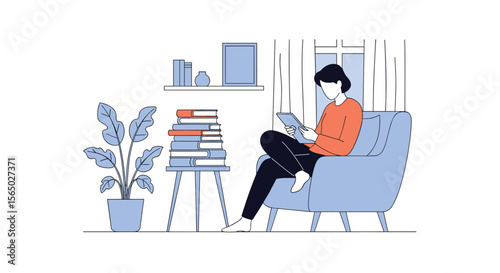 Young Person Reading a Book While Sitting Comfortably on a Chair in a Cozy Living Room Environment
