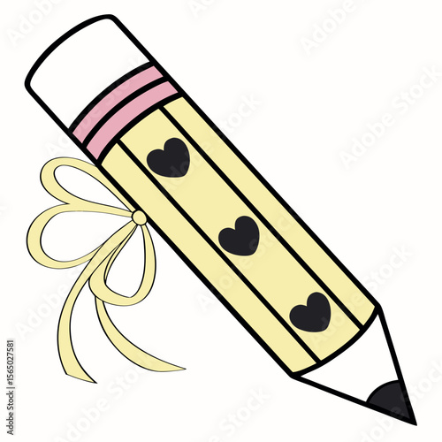 Yellow pencil with hearts and bow black hearts pink bands