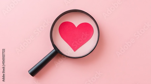 Red heart shape under magnifying glass on soft pink background, symbolizing love and affection, creating a visually appealing and romantic atmosphere for various design projects