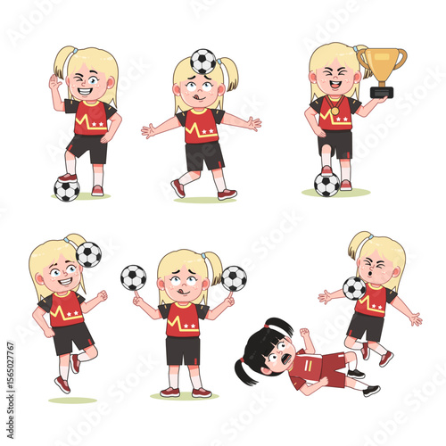 Cute Blonde Girl Cartoon Character Playing Football