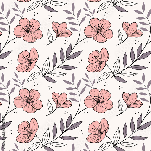 Seamless pattern with delicate pink flowers and purple leaves on a light background