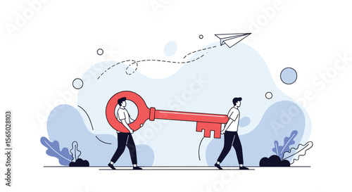 Two people carry a giant red key representing access and solutions together collaborating to achieve goals and unlock opportunities