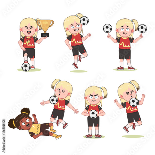 set of Cute Blonde Girl Cartoon Character Playing Football