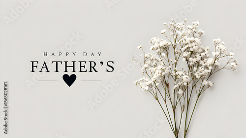 Floral arrangement with delicate white flowers and elegant typography celebrating Father's Day, creating a warm and heartfelt atmosphere for special occasions. Selective focus