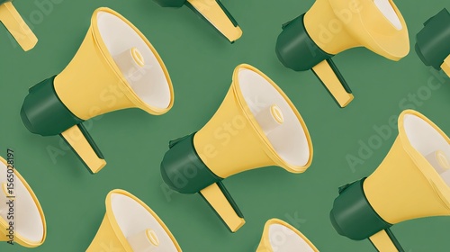Colorful megaphones arranged in a repeating pattern on a green background, showcasing vibrant design elements and visual appeal for communication and marketing purposes