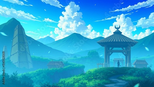 japanese temple in the mountains anime style