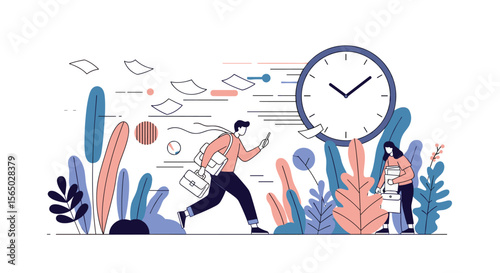 People Hurrying Past Urgent Tasks Amidst a Fast Passing Clock and Lush Vegetation