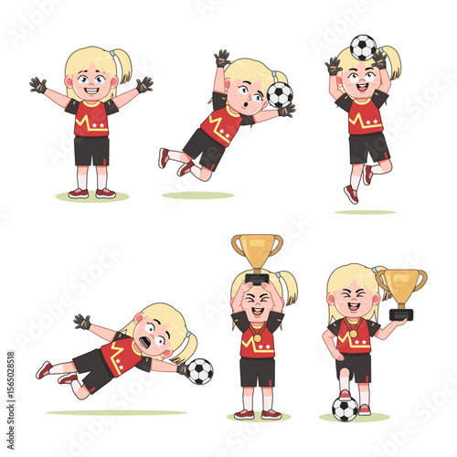 Cute Blonde Girl Cartoon Character Playing Football with different pose