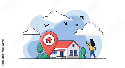 Finding the perfect new home location with a helpful map marker and a curious person looking for their ideal residence