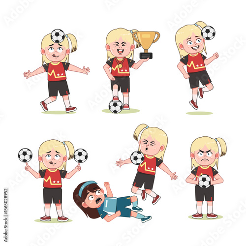 Cute Blonde Girl Cartoon Character Playing Football set