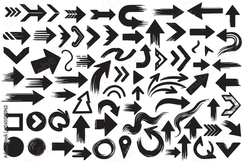 Set of black paint brush stroke arrow, grunge hand drawn doodle arrow, chalk pencil pointer, flat arrow mark icon and modern cursor symbol in different direction for technology business and education
