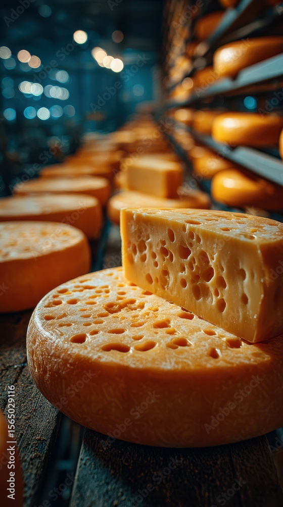 Fototapeta premium Cheese being aged in a well-lit cellar showcasing a variety of cheese wheels on wooden shelves with intricate details