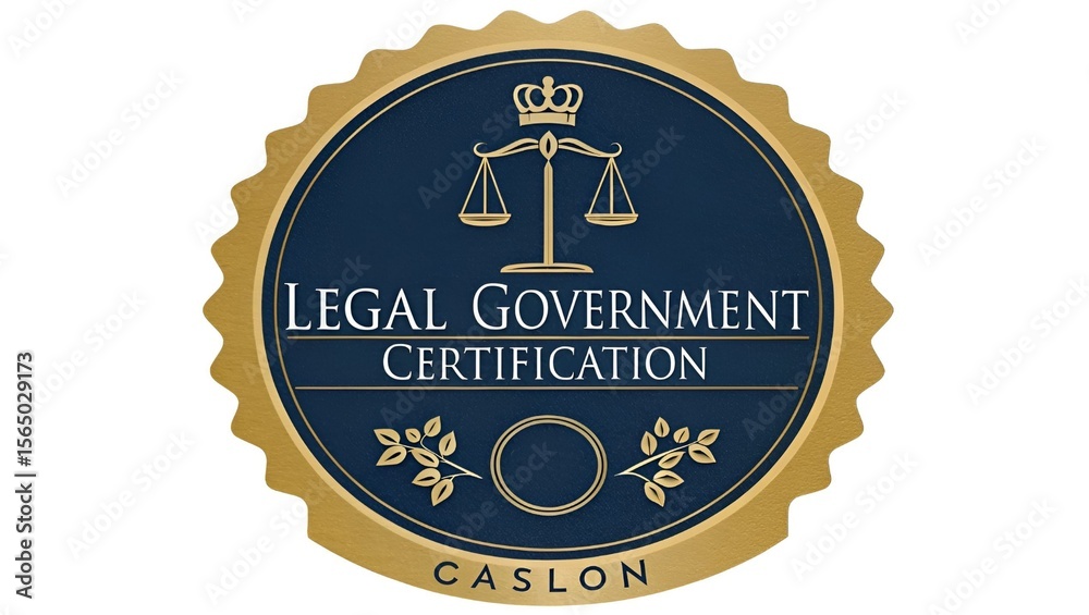 Obraz premium Gold and navy blue legal government certification seal; elegant, authoritative, and professional design; scales of justice and crown imagery; Caslon font; ideal for law, compliance, and governance con