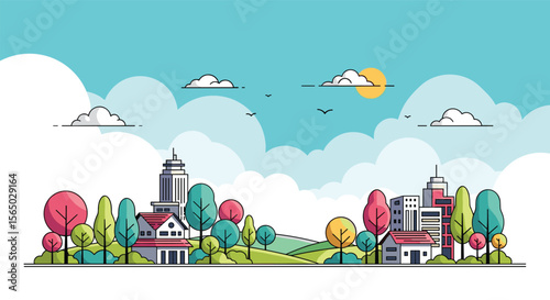 Charming Pixelated Townscape with Lush Greenery Under a Bright Sunny Sky