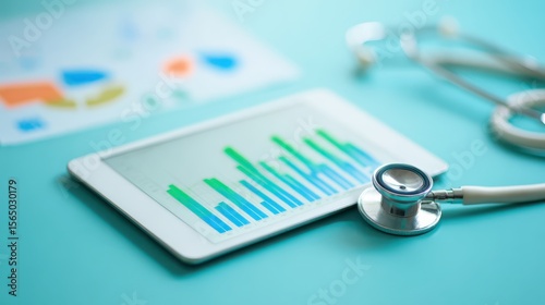 Healthcare fraud data analysis concept. Medical tablet with graphs and stethoscope on a blue background.