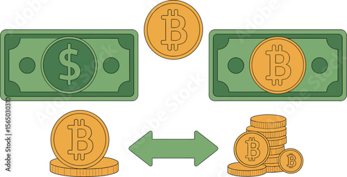 Illustration showing dollar bills and bitcoin coins with an arrow indicating exchange between them