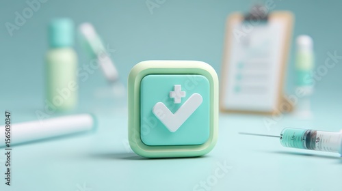 Healthcare fraud data analysis concept. Medical checkmark icon surrounded by healthcare tools on a mint green background.