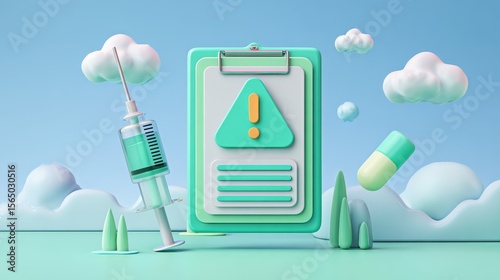 Healthcare fraud data analysis concept. Digital illustration of a syringe, pill, and warning sign with a bright, playful background.