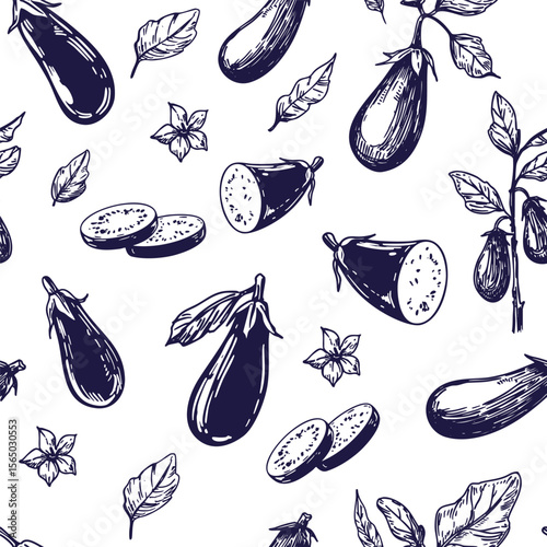 Eggplant set, seamless, pattern, hand drawn sketch, realistic vector illustration