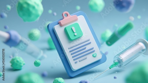 Healthcare fraud data analysis concept. Medical clipboard with a warning symbol surrounded by syringes and microscopic cells.