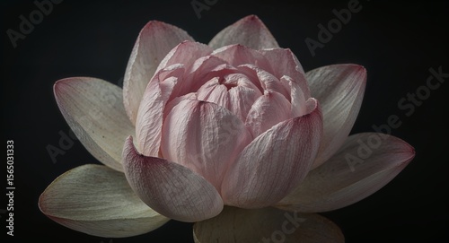 Close up of a light pink lotus flower with dark background and visible petals and flower head