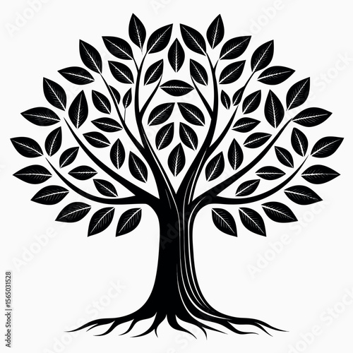 Black tree with detailed leaves and roots nature