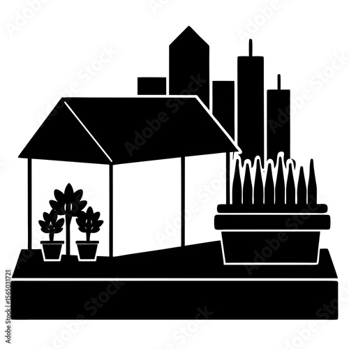 Rooftop with raised beds, potted herbs, compost bin, and a small seating area. Urban and green-friendly.