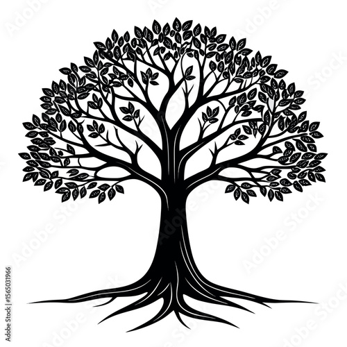 Black tree with spreading branches and roots silhouette