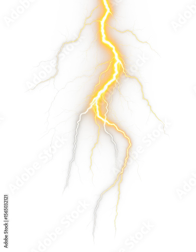 Glowing yellow and white lightning bolt with intense electric branches and dramatic energy isolated on clean transparent background in PNG