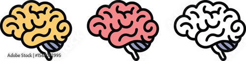 Three cartoon brains in yellow red and pink colors isolated on a white background in a row formation