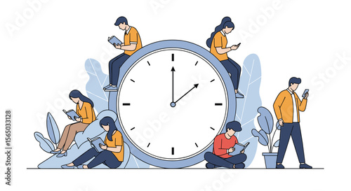 People Engaging With Technology Around A Large Clock Symbolizing Time Management And Digital Connectivity