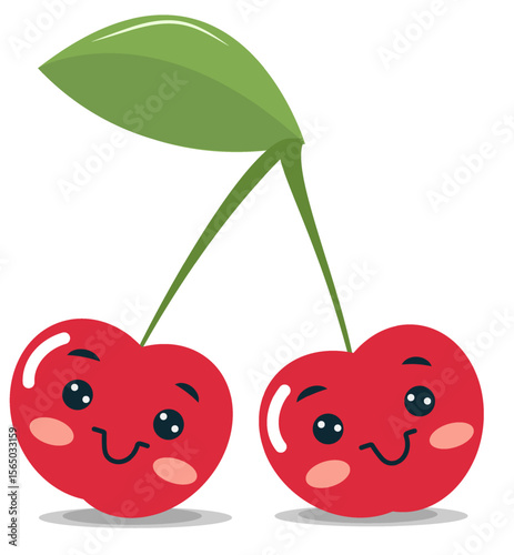 Cute cherry characters are happily facing each other in this colorful vector illustration. Each cherry features a smiling expression and a green leaf, creating a cheerful atmosphere