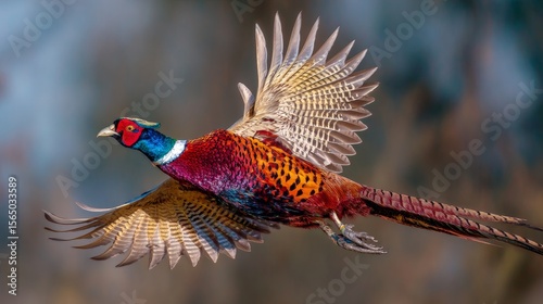Colorful pheasant flying with wings fully spread in closeup view, detailed plumage, feathers visible against natural forest background. Wildlife bird in motion concept, game species in rural habitat