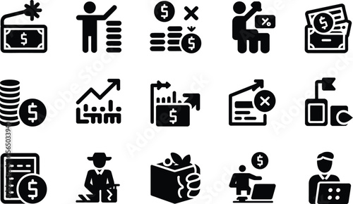 A collection of black and white financial and business icons representing money and investment concepts
